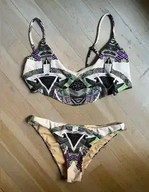 Mara Hoffman white/black/green/pink/grey tribal print two piece swimsuit XS EUC