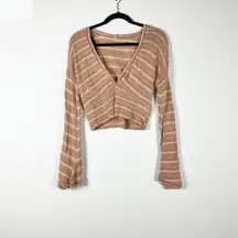 Free People NEW  Give It A Spin Deep V Neck Bell Sleeve Striped Crop Top Sweater