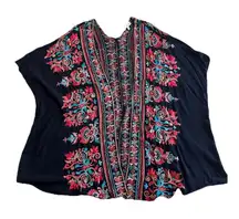 UMGEE S XL/XXL Black Floral Embroidered Kimono Open Front Multicolor Boho Hippie