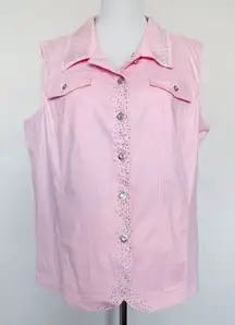 Quacker Factory Bedazzled Light Pink Jean Vest Womens Size XL Sparkle Cowgirl
