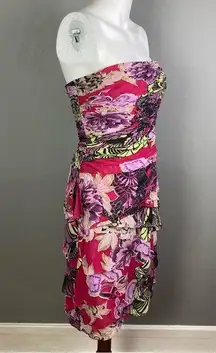 Kay Unger  dress size 6 floral chiffon tiered red purple colorful dress strapless