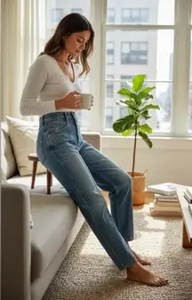 Abercrombie & Fitch High Rise Barrel Jean with vertical seams in a light wash