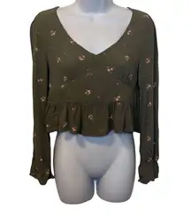 Arizona Jean Co Green Pink Floral V Neck Peplum Crop Top Long Sleeve Small Boho