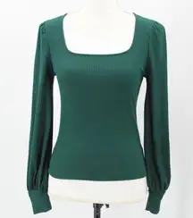 All In Favor Ribbed Knit Square Neck Long Puffed Sleeve Top Green Size Small