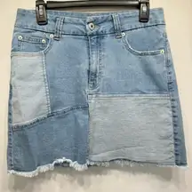 Patchwork Denim Y2K Frayed Fringe Raw Hem Mini Skirt No Boundaries NOBO Jeans