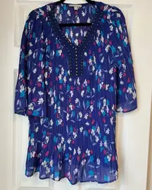 Woman Within Pleated‎ Floral Beaded Neckline Blouse Plus Size Medium 14/16