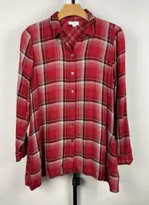J. Jill Red Plaid Double Cloth Button Front Long Sleeve Tunic Shirt Size‎ XSP