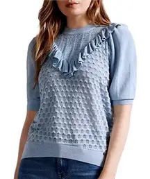 Ted Baker Bernise Ruffled‎ Pointelle Knit Top Women's 2 Blue Career Dainty Fairy