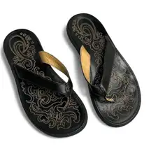 OluKai Paniolo Womens Tooled Leather Flip-Flops Black Brown Size 7 US / 37 EU