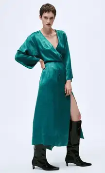 ZARA NWT  Teal  Satin Effect V-Neck Midi Dress Festive Holiday