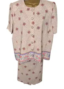Vtg 80s 90s Kristy Michaels Printed Skirt Suit Cream Combo 12
