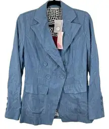 NWT NY&C x Eva Mendes Lyocell Blazer Size XS Blue Notched Lapel Lips Dot Lining