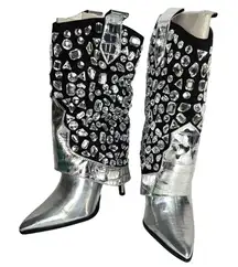 Lauren Lorraine Hana Metallic Silver Jewel Stiletto Heel Cowboy Boots NIB Sz 7.5
