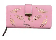 New Women's Pink Envelope Wallet with Cutout Gold Leaves Floral Bills Coins ID
