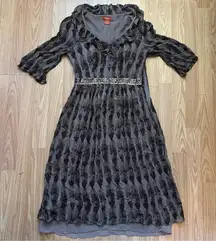 Sundance Womens Silk Midi Dress‎ 4 Taupe Feather Print Beaded Sequin Boho Luxury