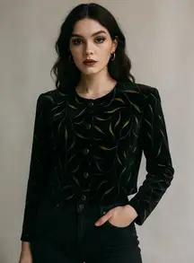 Vtg Casual Corner Annex 90s Velvet Crop Jacket Sz 6 Whimsigoth Gold Leaf Retro