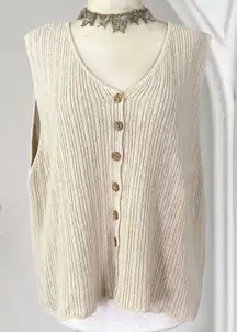 Plus Size Cream Knitted Boho Cotton Silk Knit Button Up Vest Top 22 / 24 / 2XL