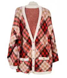 Talbots Womens 2X V-Neck Cardigan Fall Statement Plaid Long Gold Buttons Pockets