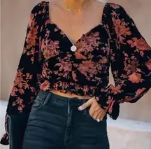 By together velvet floral puff sleeve crop