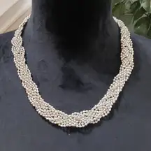 Silver Twisted Braided Spiral Multi Strand Pearl Bead Choker Collar Necklace