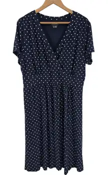 L. L. Bean Womens Dress 1X Navy Blue White Polka Dot Short Sleeve‎ Midi