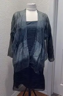 Worth Petite Sleeveless Gray Silk Midi Dress w/Thin Stripes & Taffeta Jacket Set