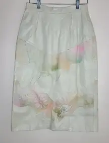 Vtg Shanna Leather Laser Cut Floral Winter‎ White Pastel Pencil Midi Skirt Sz M