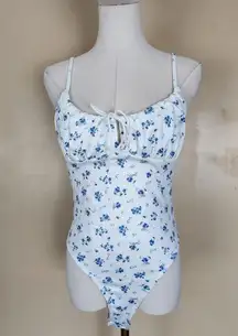 White/Blue Floral Tie Bodysuit, Women's M