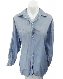 Stradivarius Women's Blue White Striped Long Sleeve Button Down Shirt Top Sz M