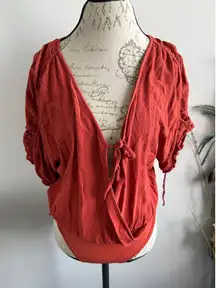 Free People Orange Bodysuit Top Tie‎ Front Blouse Short Sleeve Womens