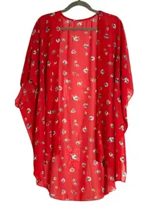 Red Floral Wrap Short Sleeve Flowy Boho Cover-up One Size