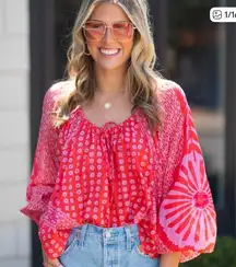 Free People Red and Pink Patterned Blouse
