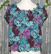 Lori Michaels Colorful Palm Print Top Blouse Size S Crop Short Sleeve Elastic Wa