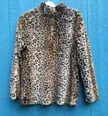 Pink Lily Women's Size Medium Brown Leopard Print Faux Fur Quarter Zip Sweater
