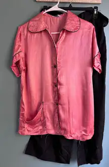 Vintage Charmode Sears 2 Piece Pink Black Satin Women's Pajama Set