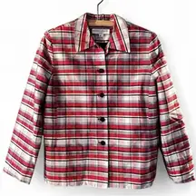 VTG Kasper & Company Multi Plaid 100% Silk Jacket Size 14 Holiday Blazer Vibrant