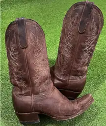 Cavenders Brown Leather Boots 7 B Snip Toe Pull On Western Rodeo Boot Cowgirl