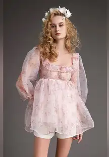 J.ING Jing Pink Floral Organza Dreamy Tunic Blouse Top Size Small NWT