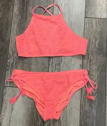 Coral Crochet Halter Bikini With Large Top And XL Bottom