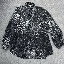 CAbi Oversized XS Sheer Button Front Top Spotted Animal Print Collared Shirt