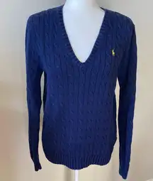 Ralph Lauren Sport 100% Cotton Cable Knit V-Neck Sweater Navy with Yellow Pony