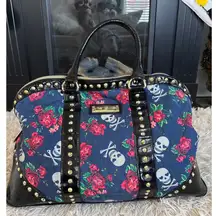 Betsey Johnson y2k Skull & Rose Carpet Bag Patent Leather Trim Duffle Bag