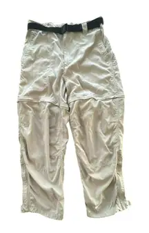 L.L.Bean Womens Khaki Nylon Convertible Hiking Pants 14P 14 Petite Zip-Off Legs