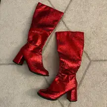 Vintage-Style Red Glitter Knee-High Platform Boots 70s Go-Go Disco Boots sz 7