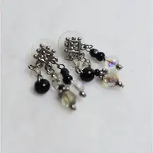 Vintage Dashing Silver Tone Black Clear Beaded Dangle Post Gently Worn Earrings