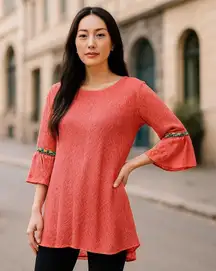 Vision USA Size S Open Crochet Top Bell Sleeves with Trim VTG Peasant Prairie