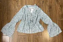 Women's Floral Print Ruffle Topper Tie-Waist Bell-Sleeve Top, Blue, S