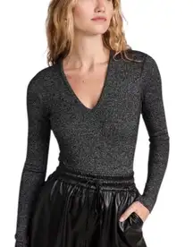 AGOLDE Tavi Mélange Rib Knit Thong Bodysuit in Salt & Pepper Size 10 or L