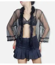 Womens Y2K Goth Victoria Secret Mesh Feather Trim Sheer Blouse Cardigan Mob Wife