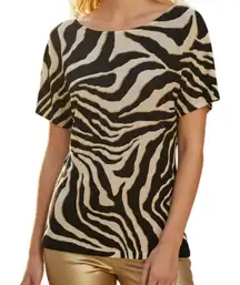 CACHE Zebra Print W/Gold Knit Short Flutter Sleeve Lightweight Sweater EUC Small